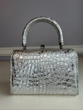 Vintage Silver Croc Embossed Top Handle Bag